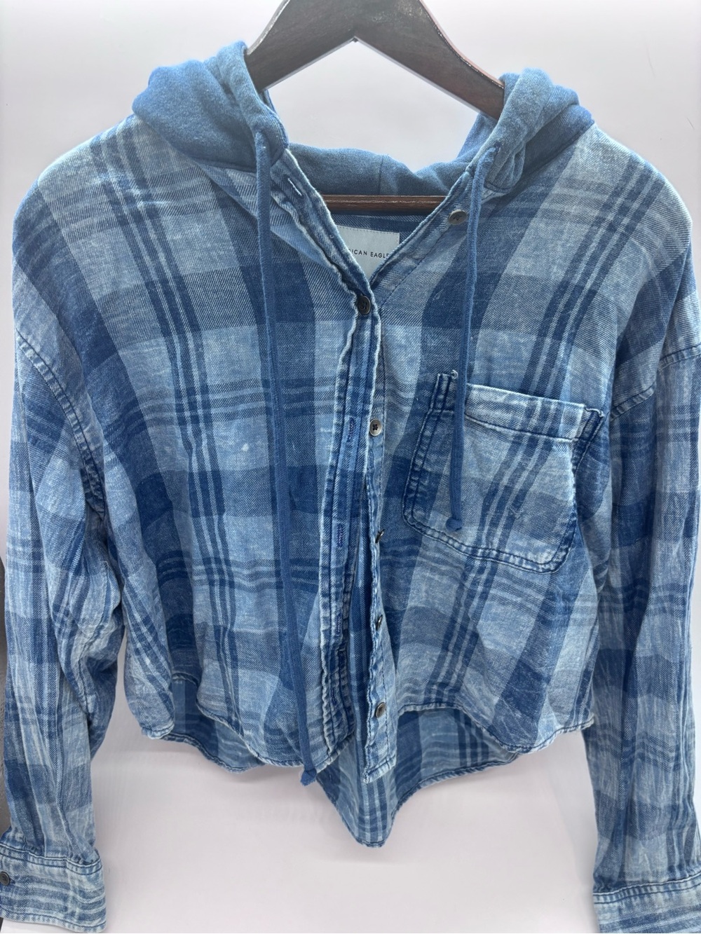 American Eagle Outfitters Blue Plaid Hooded Jean Jacket